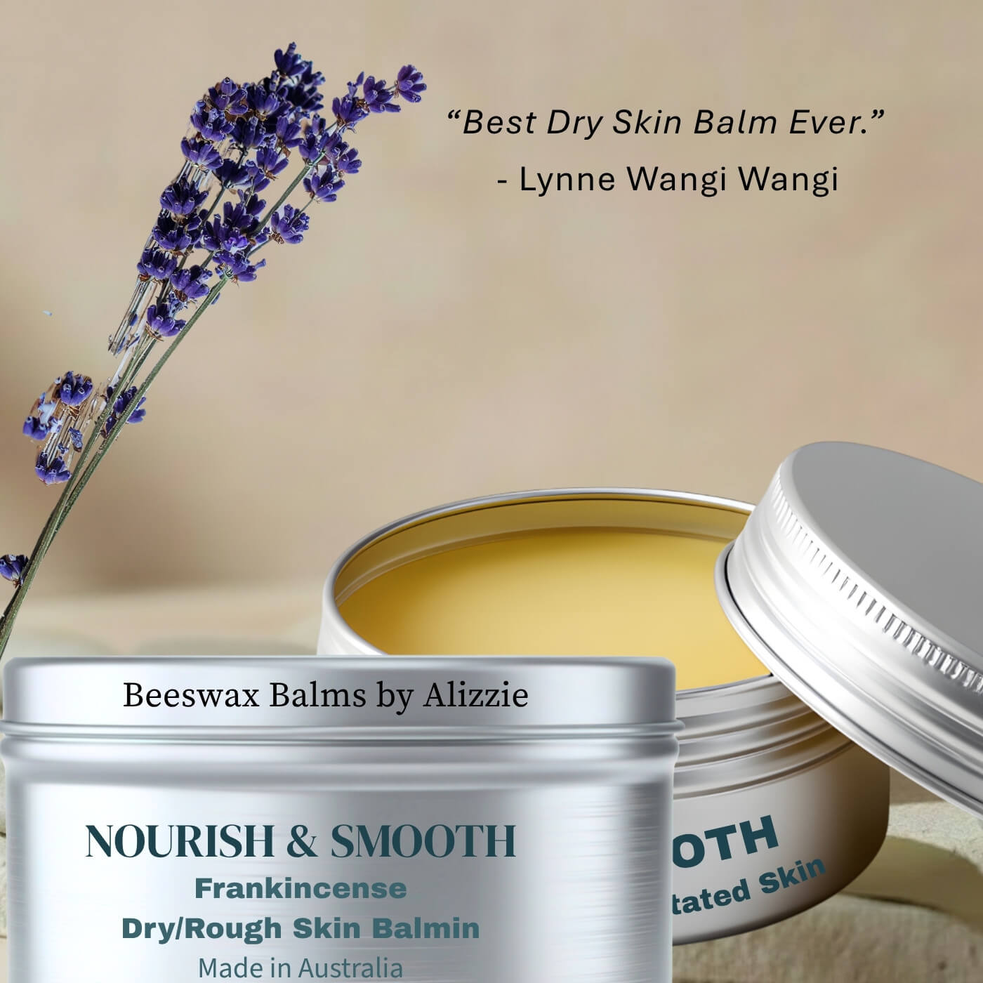 Beeswax balms by Alizzie Nourish and Smooth Dry Rough Skin Balm with Frankincense in recyclable tin image with label 