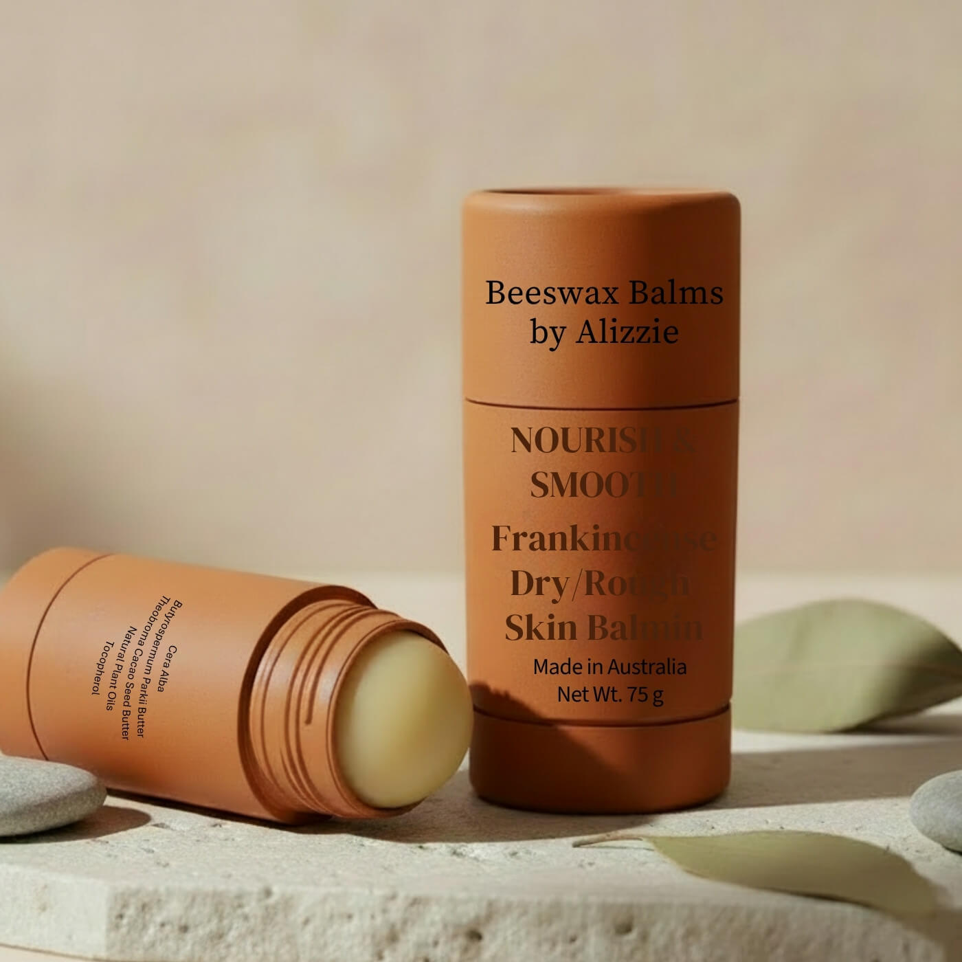 Beeswax balms by Alizzie Nourish and Smooth Dry Rough Skin Balm with Frankincense in biodegradable tube  image with full label 
