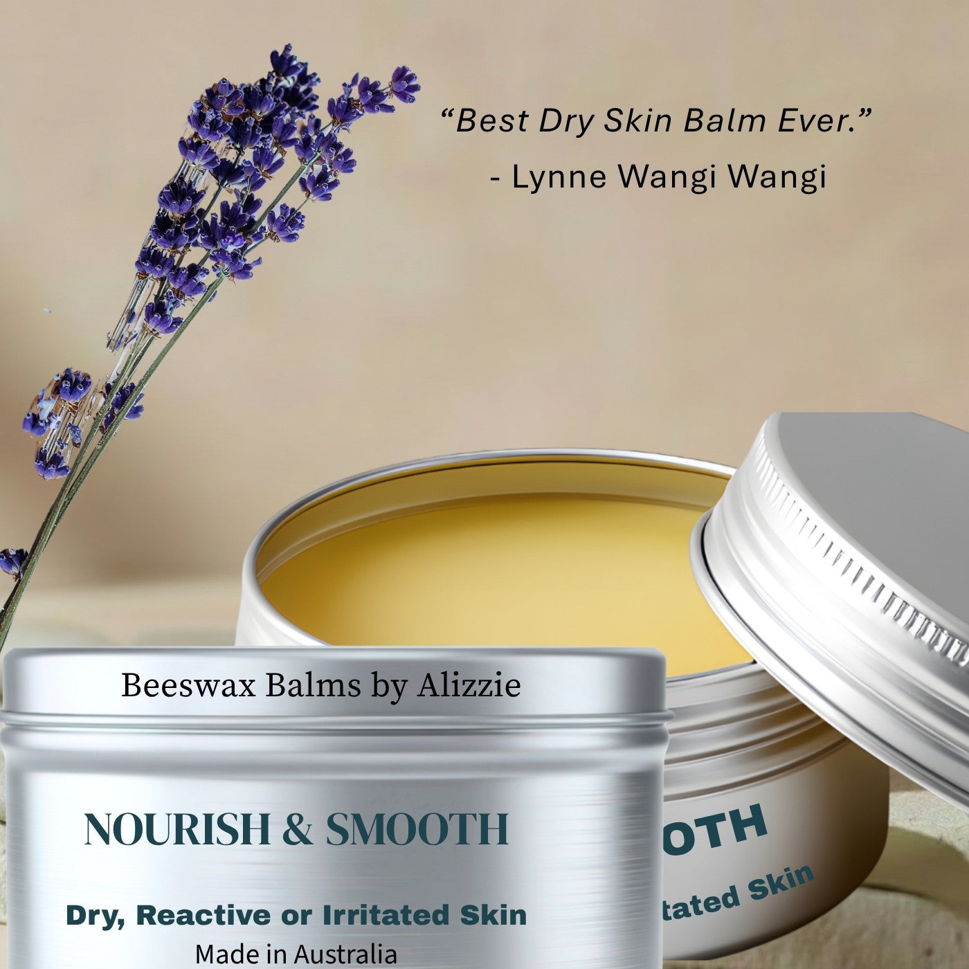 Beeswax Balms Nourish and Smooth Balm– Dry, Reactive or Irritated Skin in recyclable tin  with the label visible.